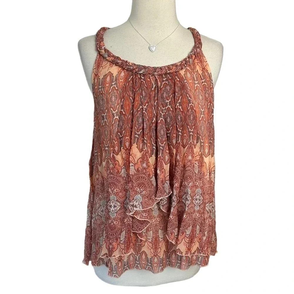 Sundance M burnt orange + red boho print silk halter blouse
